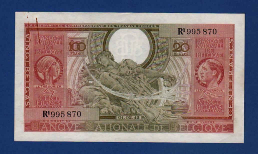 Foto Belgien 100 Francs /20 Belgas 1 2 1943