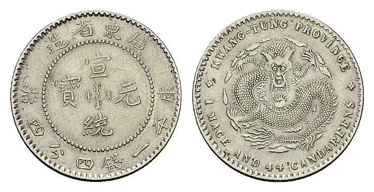 Foto China Kwangtung 20 Cents (1 Mace -4,4 Canderelles), o J (1891)