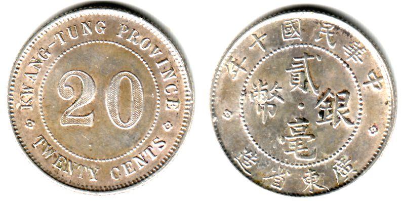 Foto China Kwangtung 20 Cents 1912-24