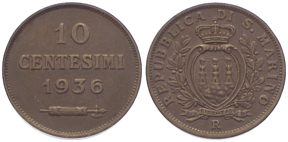 Foto Republik San Marino 10 Centesimi 1936 R