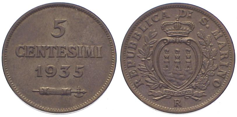 Foto Republik San Marino 5 Centesimi 1935 R