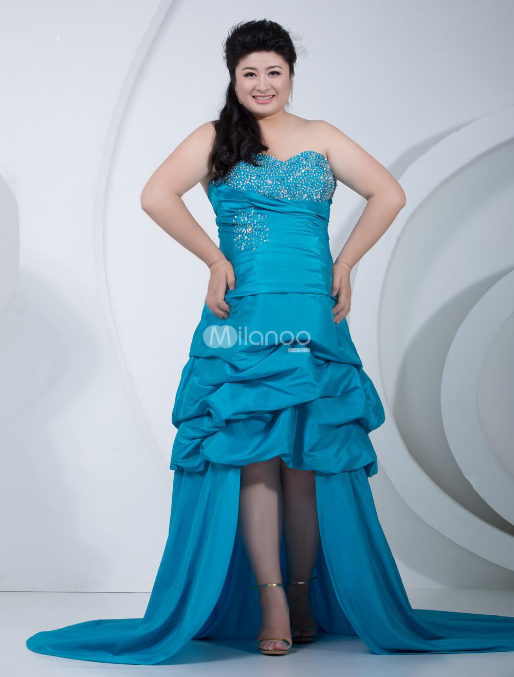 Foto Único amor de frente corto largo espalda tafetán azul Plus tamaño vestido