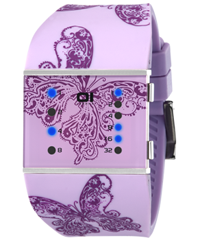 Foto 01 The One Womens Slim Square Blue LED Stainless Watch - Purple Rubber Strap - Purple Dial - SLSL140B3
