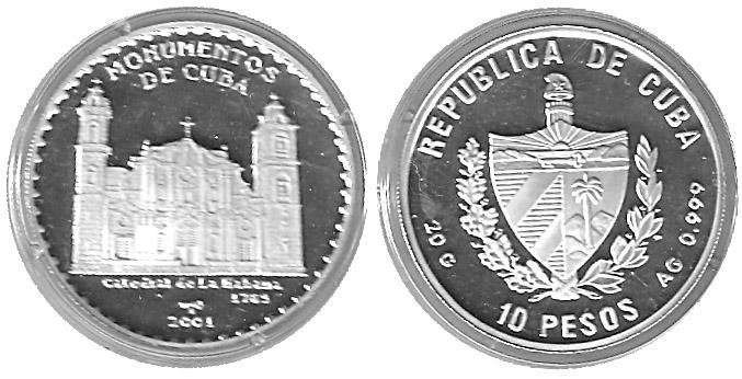 Foto 10 pesos Monumentos de Cuba.La catedral de la Habana.2001
