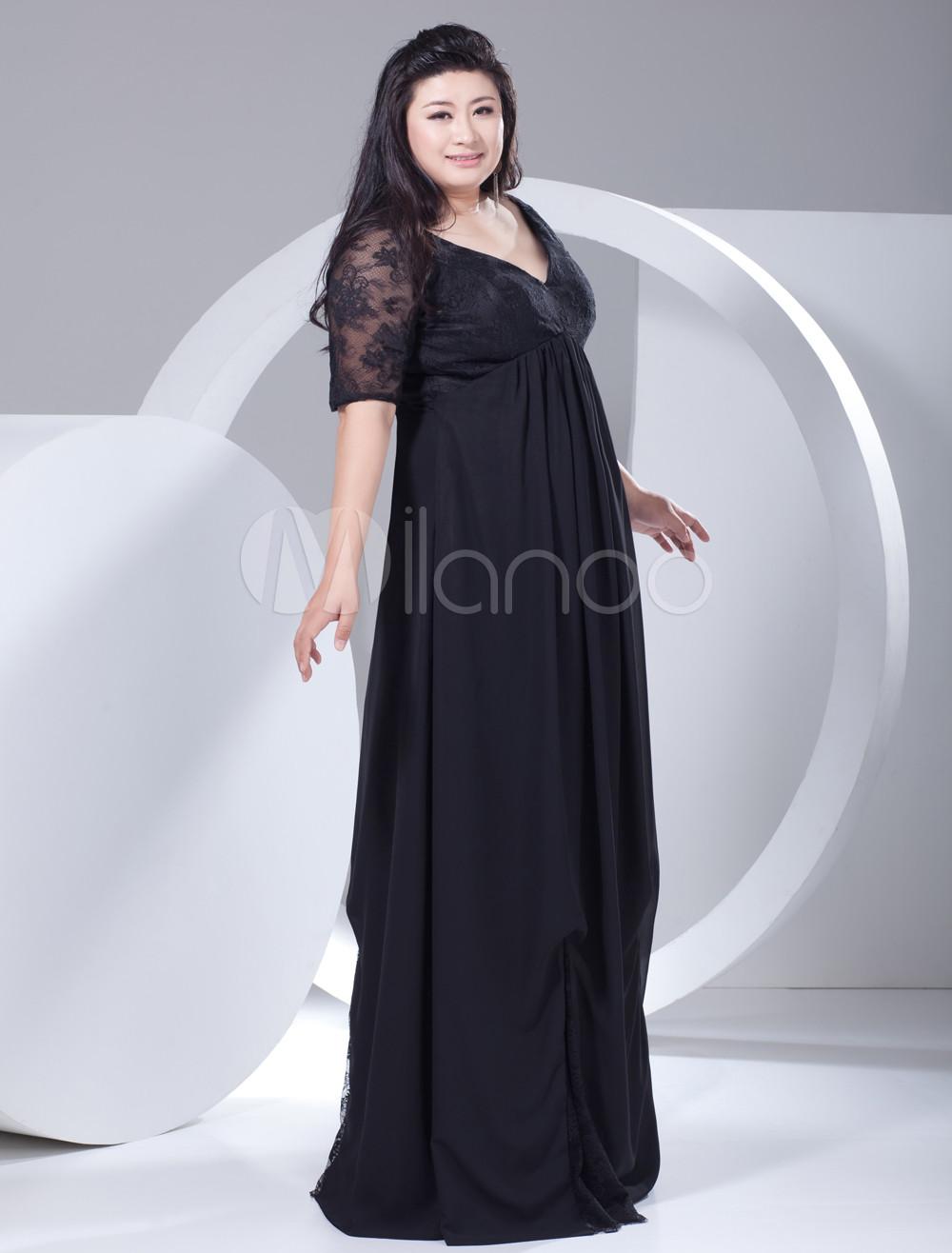 Foto 2013 Estilo elegante gasa negra del cordón media manga más vestido de noche de tamaño