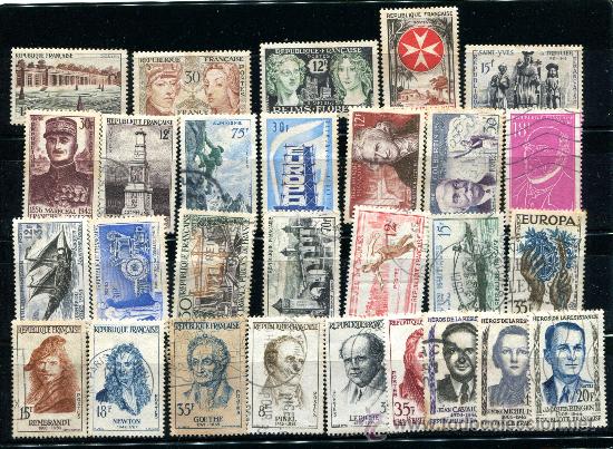 Foto 28 sellos de francia de los años 1956 al 1958 matasellados al