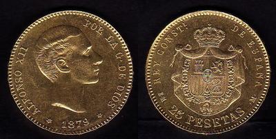 Foto Año 1879 Emm - 25 Pesetas. Alfonso Xii - Oro  Peso 8,07 Gr.