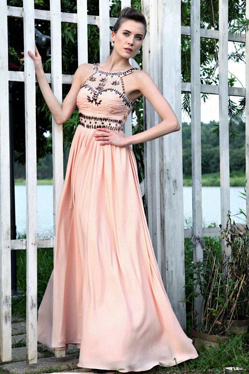 Foto A-línea De Cuello Redondo Elástico Vestido De Noche De Gasa