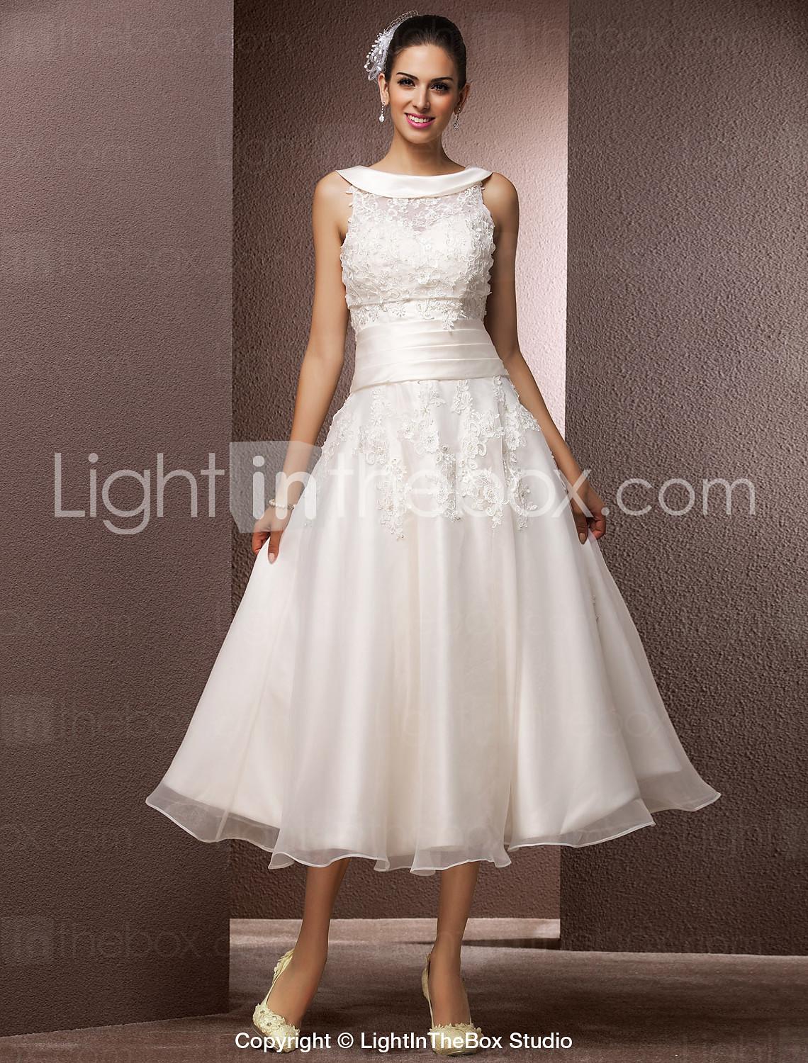 Foto A-Line bateau té de longitud de organza vestido de novia con una envoltura