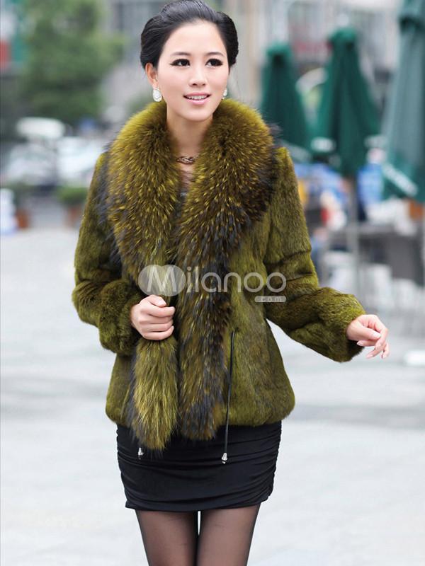 Foto Abrigo de piel de moda Hunter verde Racoon Collar Cony pelo Kakis femenino