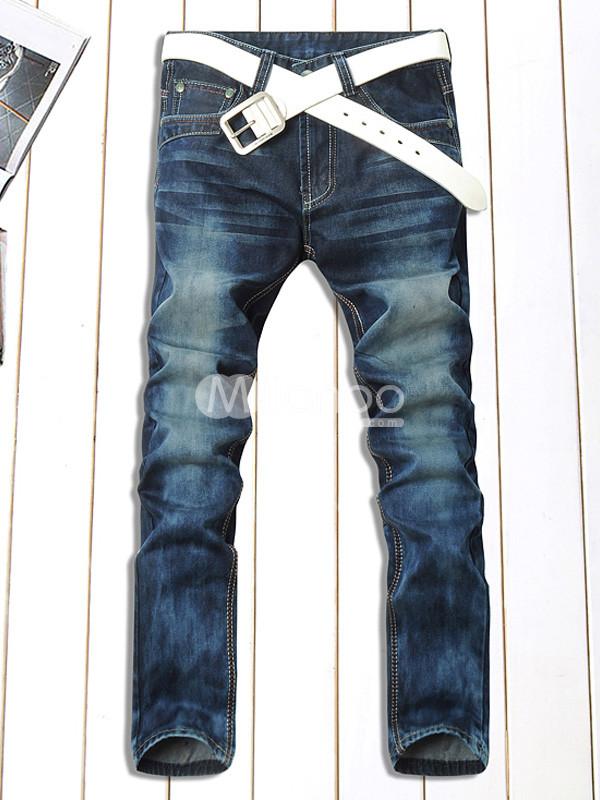 Foto Agobiados por puro algodón Deep Blue Jeans recto masculino