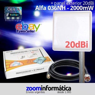 Foto alfa usb wifi 2000mw awus036nh panel 20dbi kit antena exterior grande 2w ralink