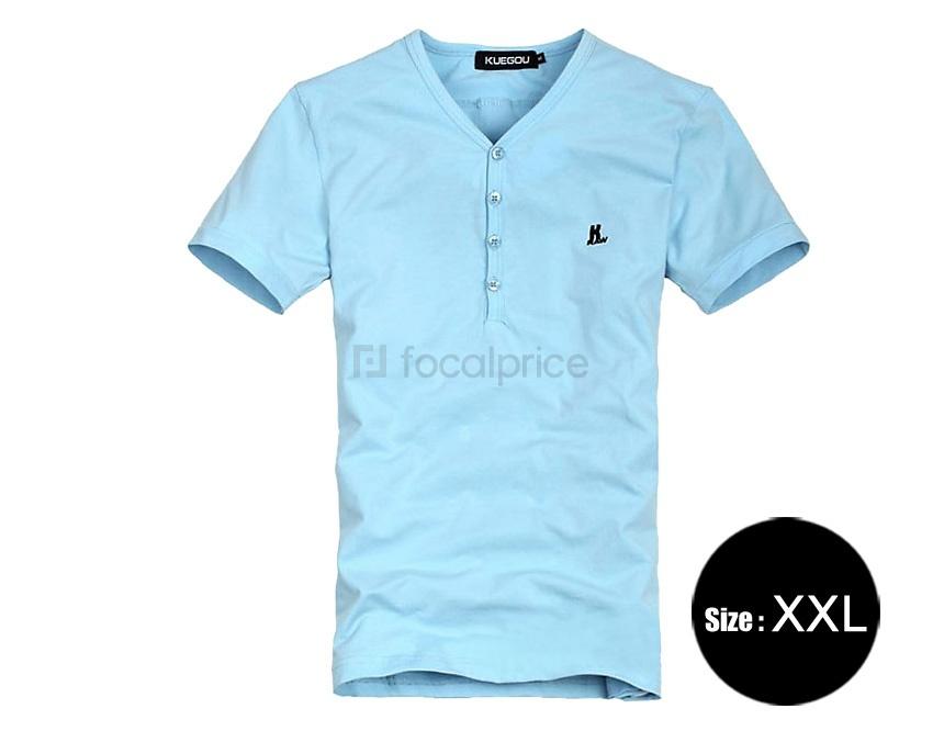 Foto Algodón y spandex con cuello en V manga corta camiseta XXL de los hombres (azul)