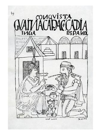 Foto An Inca Asks a Spaniard What He Eats, He Replies 'Gold' (Woodcut), Felipe Huaman Poma De Ayala - Laminas