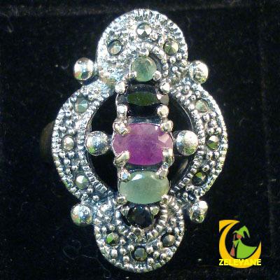 Foto Anillo Plata 925 Y Marcasitas, Rubi, Zafiro Y Esmeralda