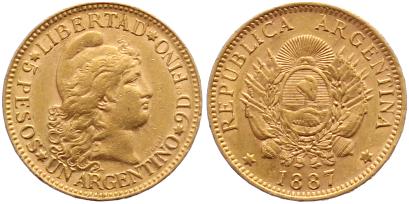 Foto Argentinien Argentino zu 5 Pesos Gold 1887