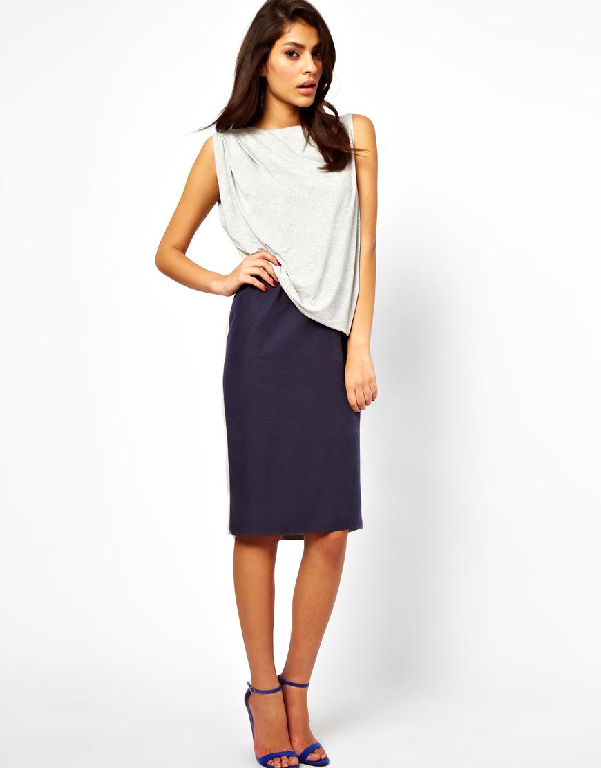 Foto ASOS Pencil Dress In Colourblock With Drape Jersey Top Navy/grey
