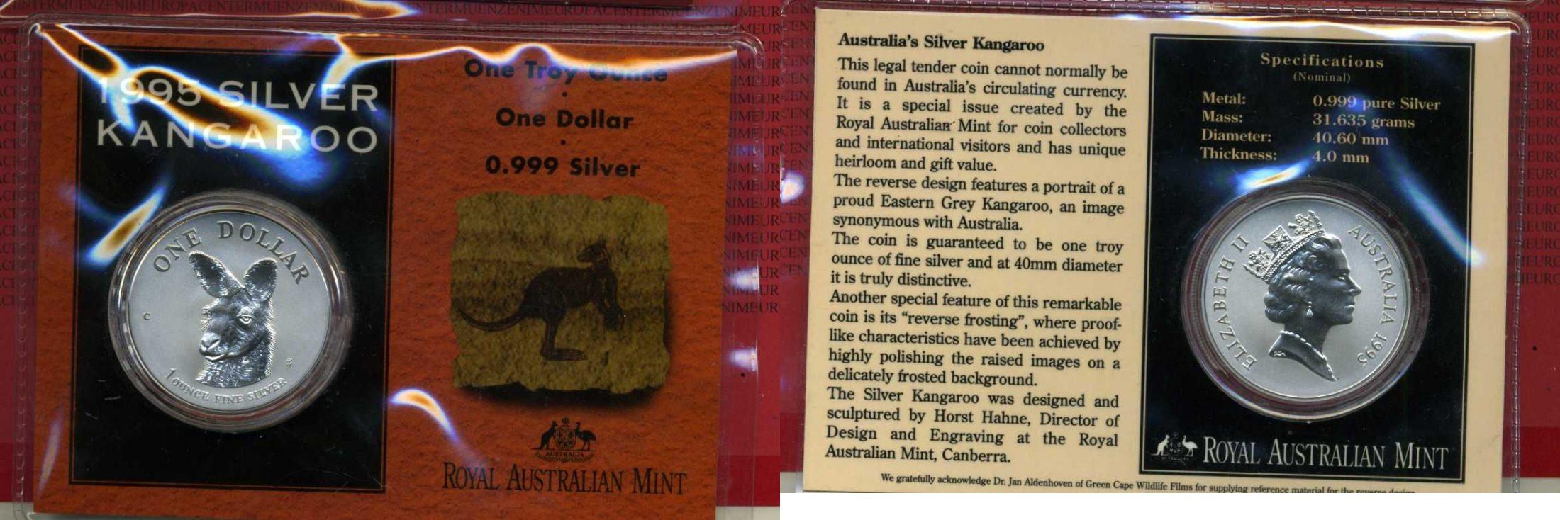 Foto Australien, Australia 1 Dollar Känguruh Silber 1 Unze 1995