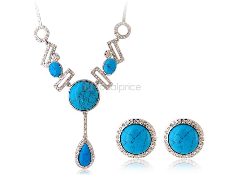 Foto Azul Cristal Decorado Polígono Diseño aleación de collar y pendientes establecidas (oro blanco)