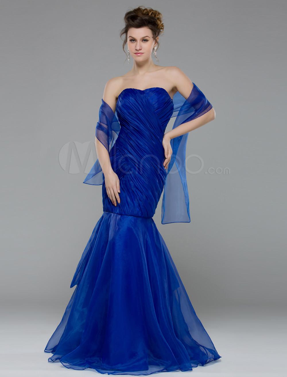 Foto Azul marino de sirena Organza plisada vestido Strapless palabra de longitud Femenil