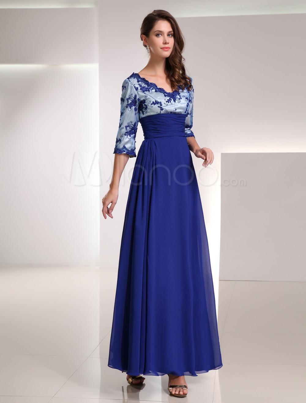 Foto Azul real gasa encaje con cuello en v media manga madre vestido de la novia