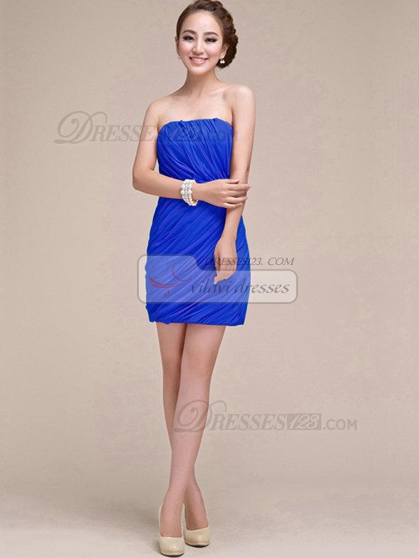 Foto Azul real vestidos de honor corto / mini chifón