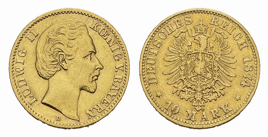 Foto Bayern, KÖNigreich 10 Mark Gold 1874