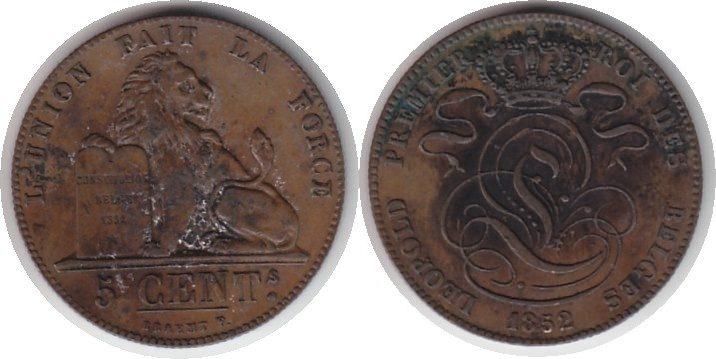 Foto Belgien 5 Centimes 1852