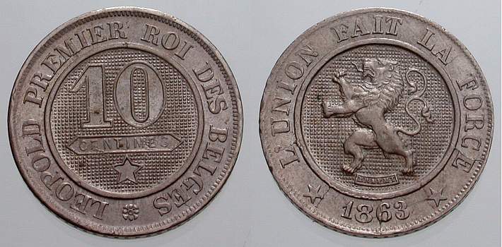 Foto Belgien, Königreich 10 Centimes 1863