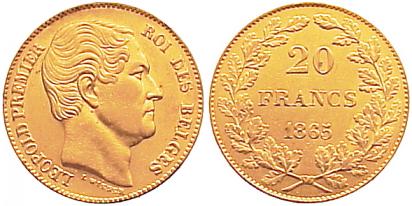 Foto Belgien, Königreich 20 Francs Gold 1865