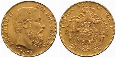 Foto Belgien, Königreich 20 Francs Gold 1875