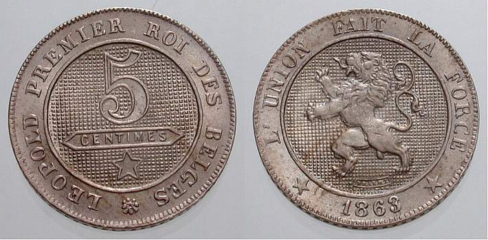 Foto Belgien, Königreich 5 Centimes 1863