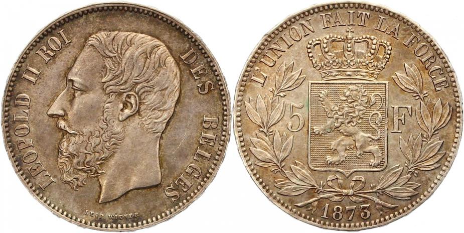 Foto Belgien-Königreich 5 Francs 1873