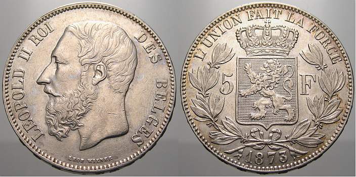 Foto Belgien, Königreich 5 Francs 1873
