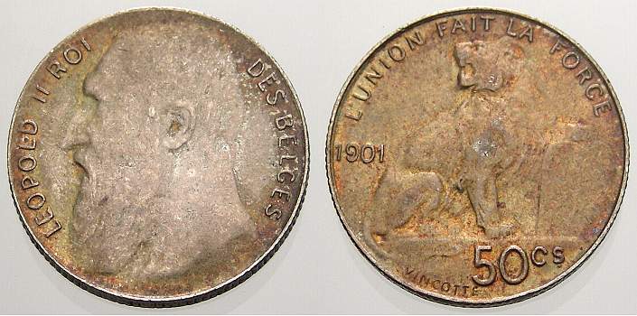 Foto Belgien, Königreich 50 Centiem zilver 2, 49 g 1901