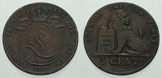 Foto Belgien-Königreich Cu-5 Centimes 1856