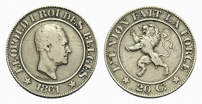 Foto Belgien-Königreich Nickel-20 Centimes 1861