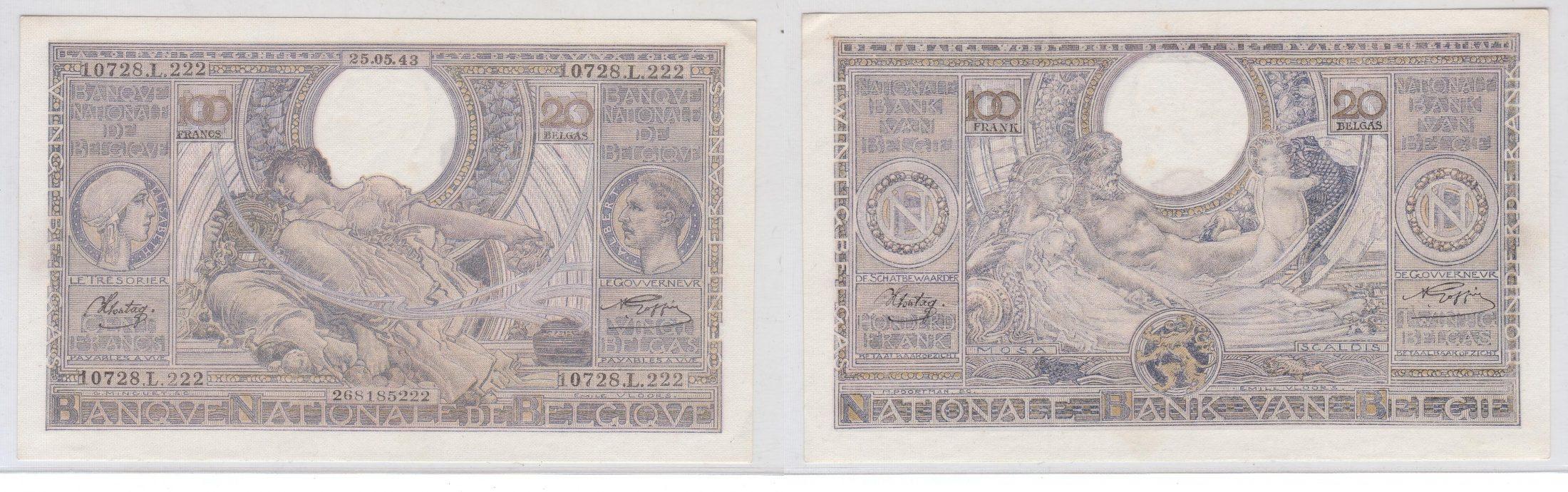 Foto Belgique 100 Francs /20 Belgas 25 5 1943