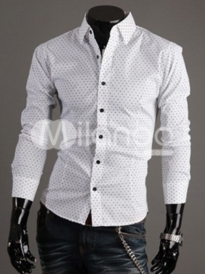 Foto Blanco camisa Casual de Polka Dot algodón manga larga hombres