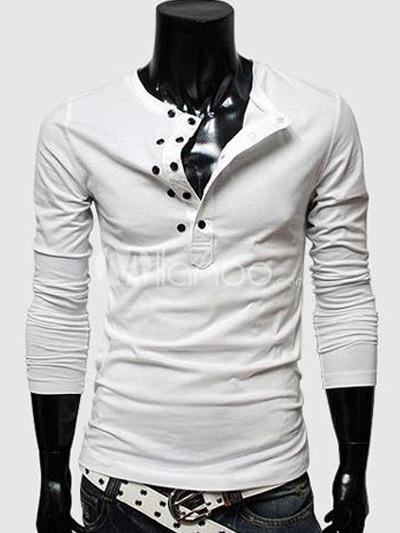Foto Blanco joya cuello mangas largas de algodón camiseta de los hombres