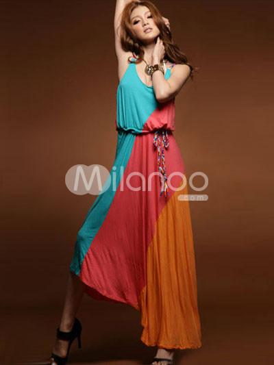 Foto Bloque de Color de moda plisado vestido de mujer Maxi de mezcla de algodón