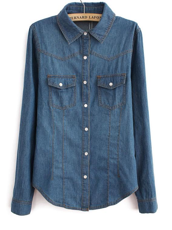Foto Blusa denim solapa bolsillos mangas largas-Marino
