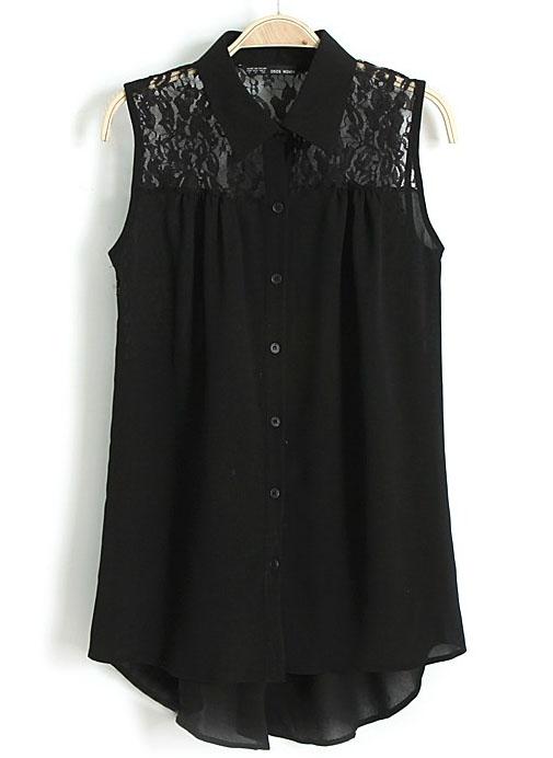 Foto Blusa gasa encaje solapa sin mangas-Negro