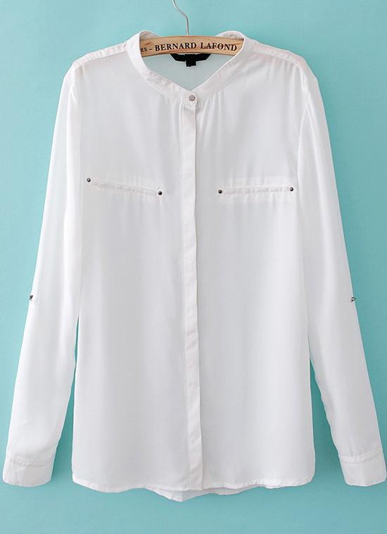 Foto Blusa gasa suelta cuello pico mangas largas-Blanco