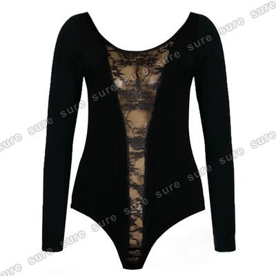 Foto Body De Encaje Camiseta De Mujer Con Cuello Redondo Manga Larga Color Negro T: M