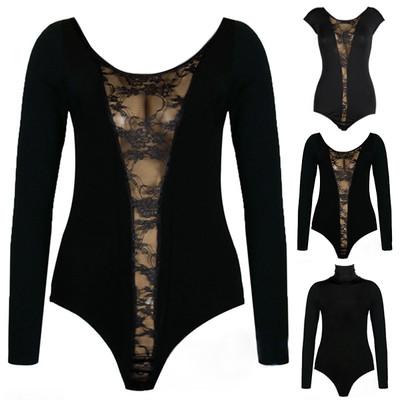 Foto Body De Encaje Negra Camiseta De Mujer Con Cuello Redondo Manga Larga Talla M