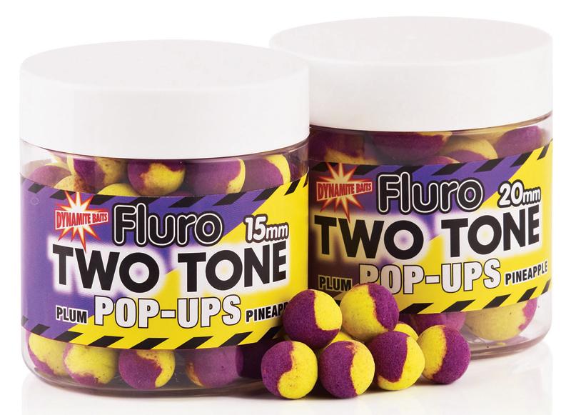 Foto boilie flotante dynamite baits fluro two tone pop up plum y pineapple ø 15mm