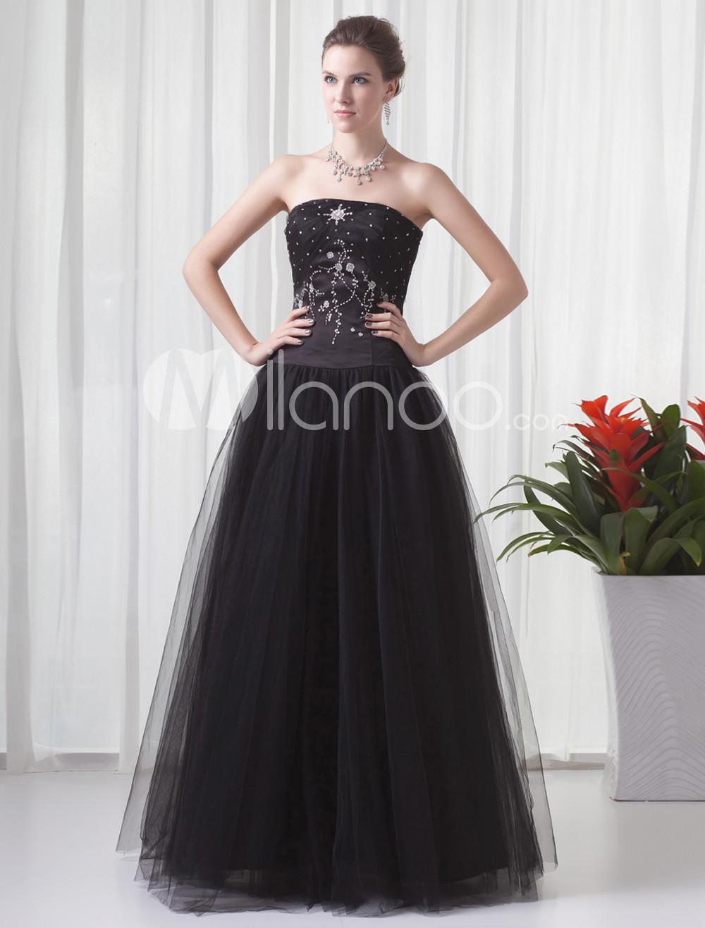 Foto Bola vestido de fiesta vestido rebordear neto negro sin tirantes piso de longitud femenina