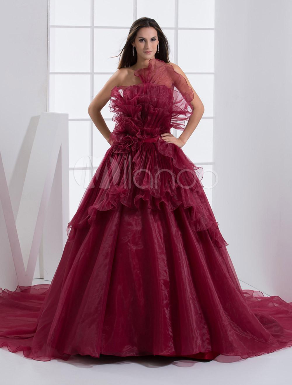 Foto Borgoña Organza neto Sweetheart barrido línea vestidos de Mardi Gras