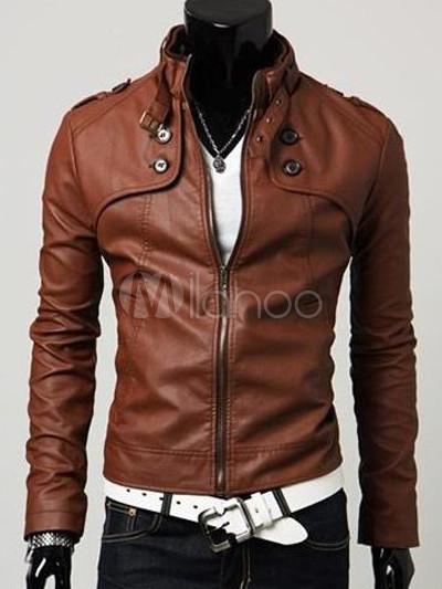 Foto Botones cremallera marrón soporte chaqueta del Collar PU hombre